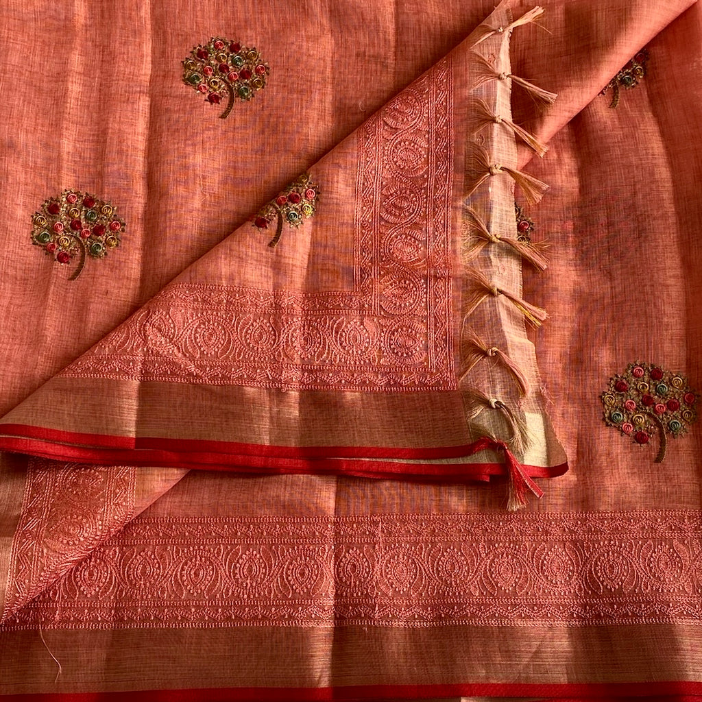 Peach Coral Soft Tussar Silk Saree With Scarlet Red Border