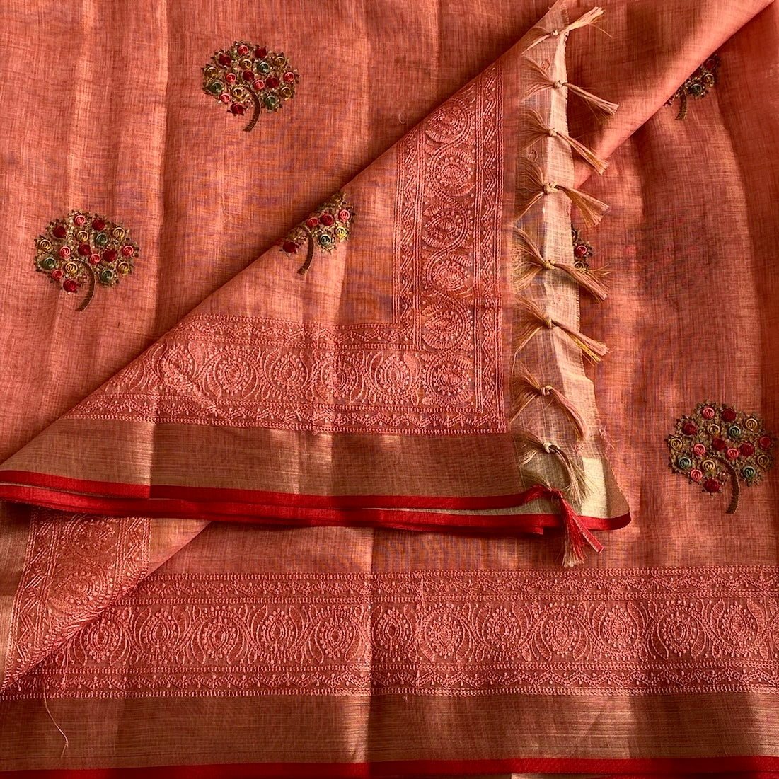 Peach Coral Soft Tussar Silk Saree With Scarlet Red Border