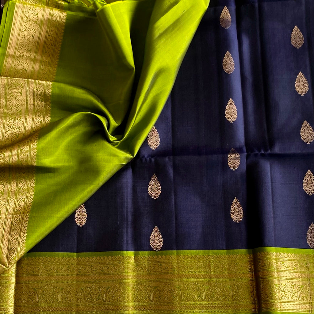 Deep Navy Blue Designer Pure Silk Saree With Lime Green Pallu