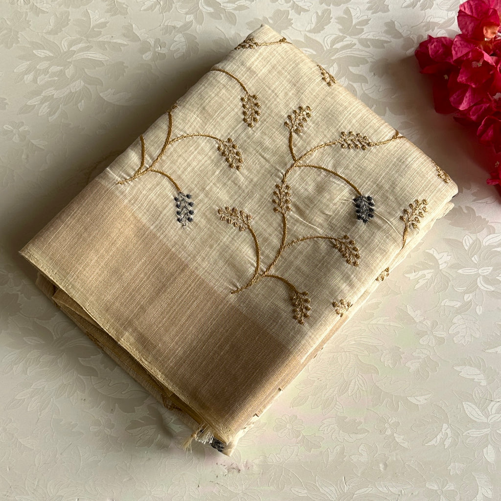 Ivory Beige Handwoven Vine Embroidered Saree with Beige Border