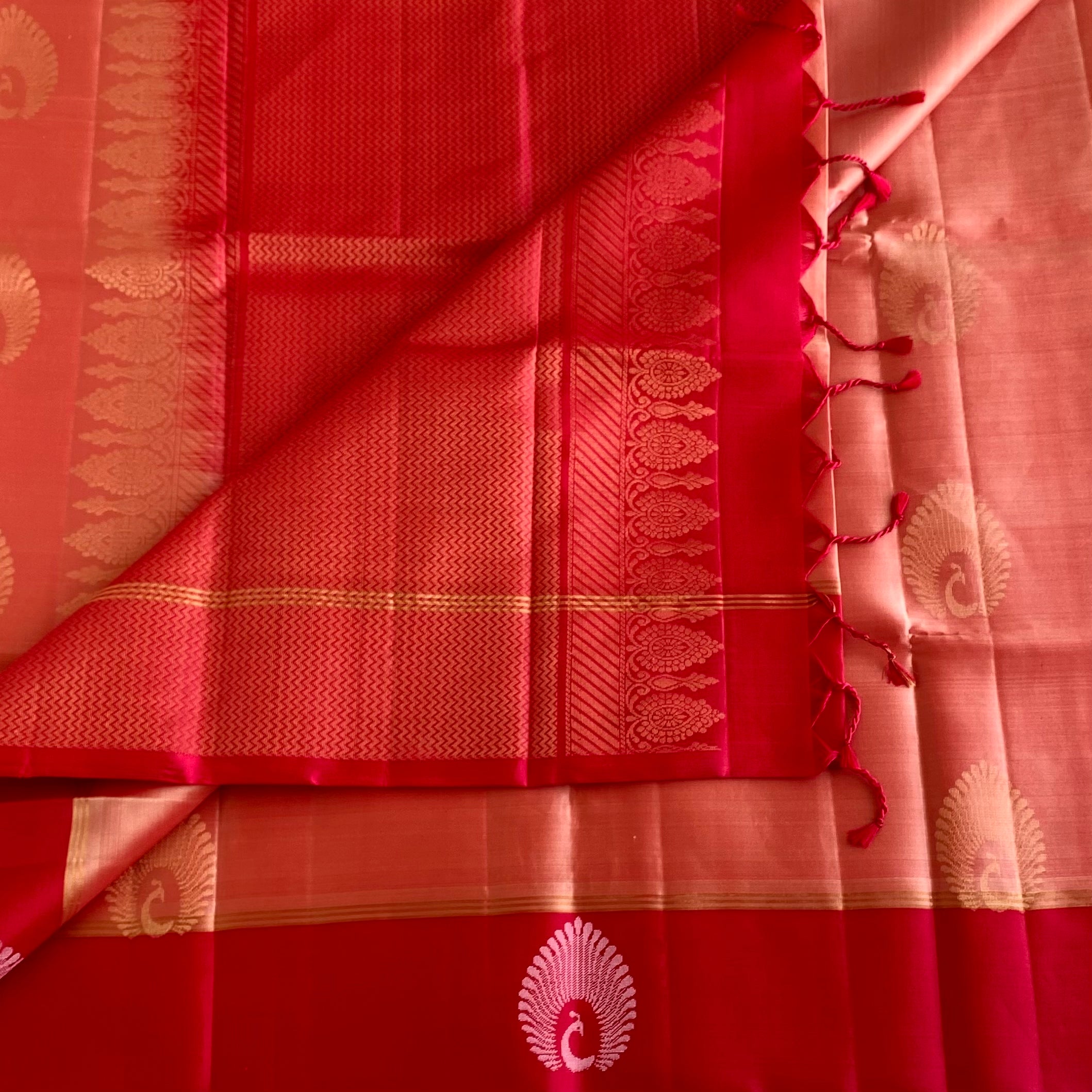 Coral Peach With Scarlet Red Designer Pure Silk With Zari Woven Motifs