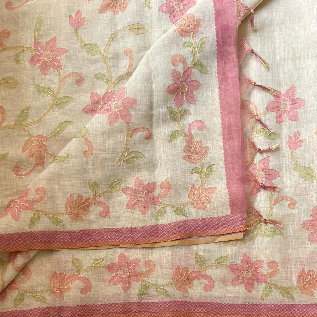 Ecru Linen Saree Dusky Pink Floral Gold Zari embroidered soft linen stunner