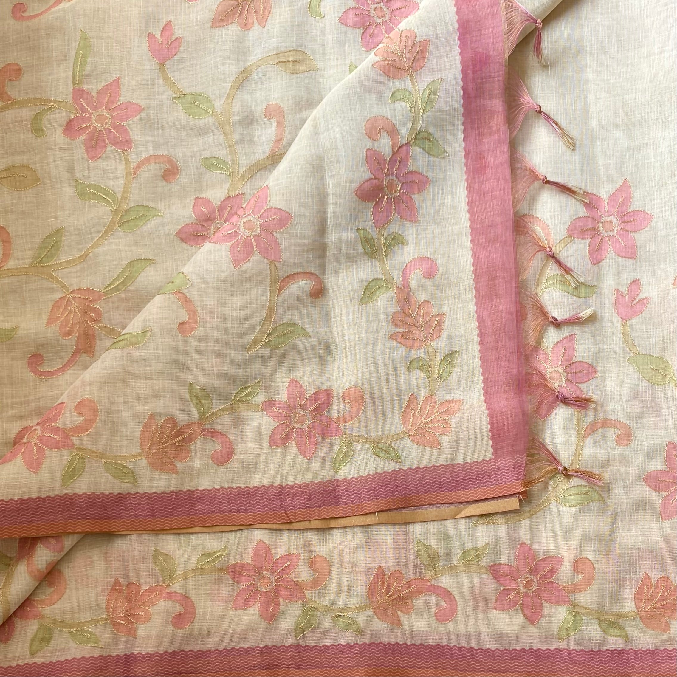 Ecru Linen Saree Dusky Pink Floral Gold Zari embroidered soft linen stunner