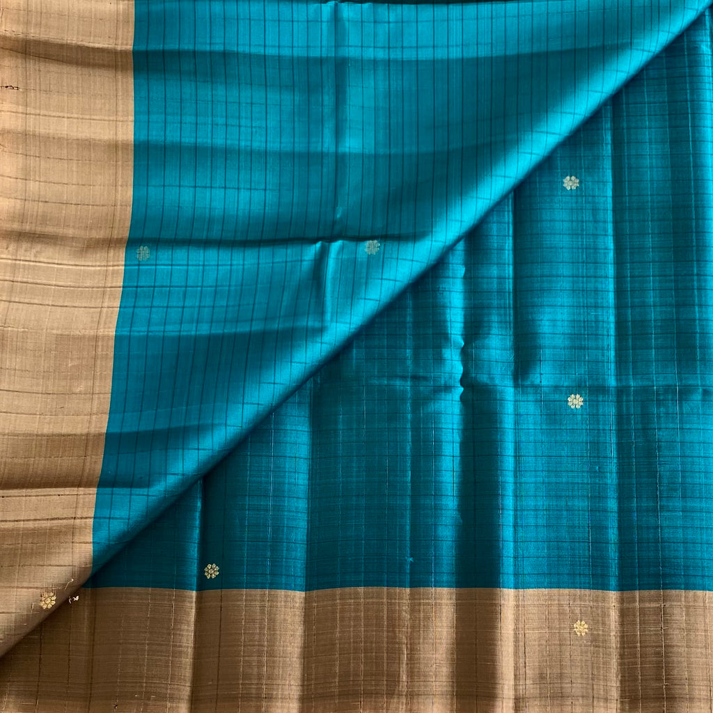 Teal Blue Designer Pure Silk Saree With Bronze Pallu