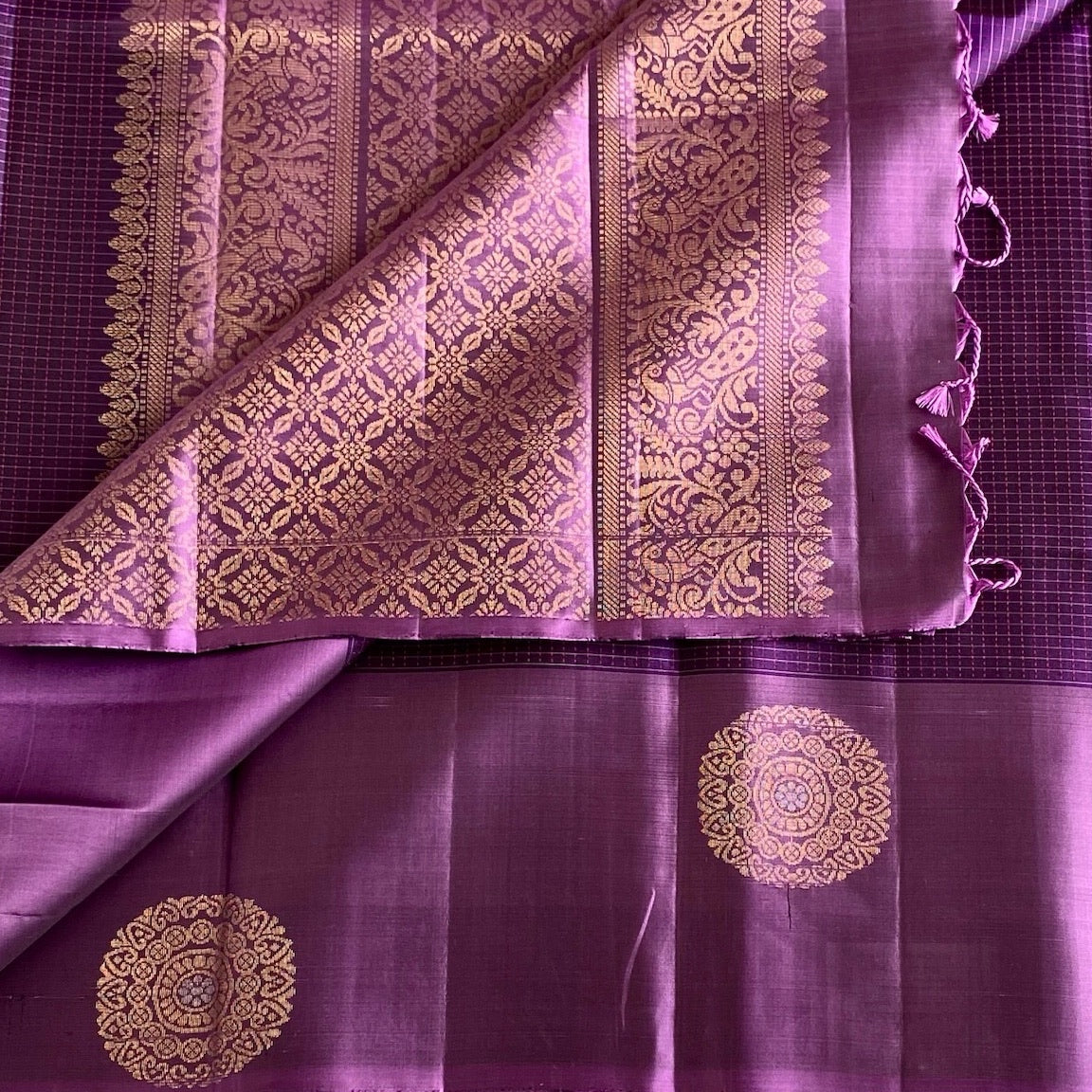 Royal Purple Designer Pure Silk Saree With Antique Gold Pallu Mauve Pink