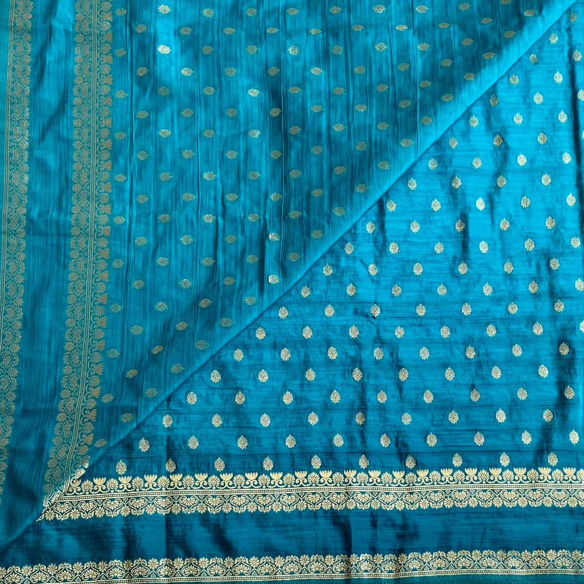 Turquoise Blue Soft Tussar Silk Saree With Metallic Gold Brocade Pallu