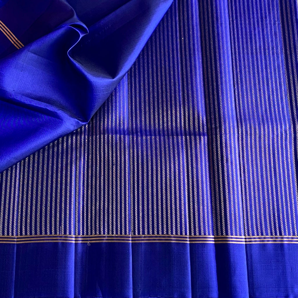 Royal Blue Designer Pure Silk Saree With Metallic Gold Zari Panels