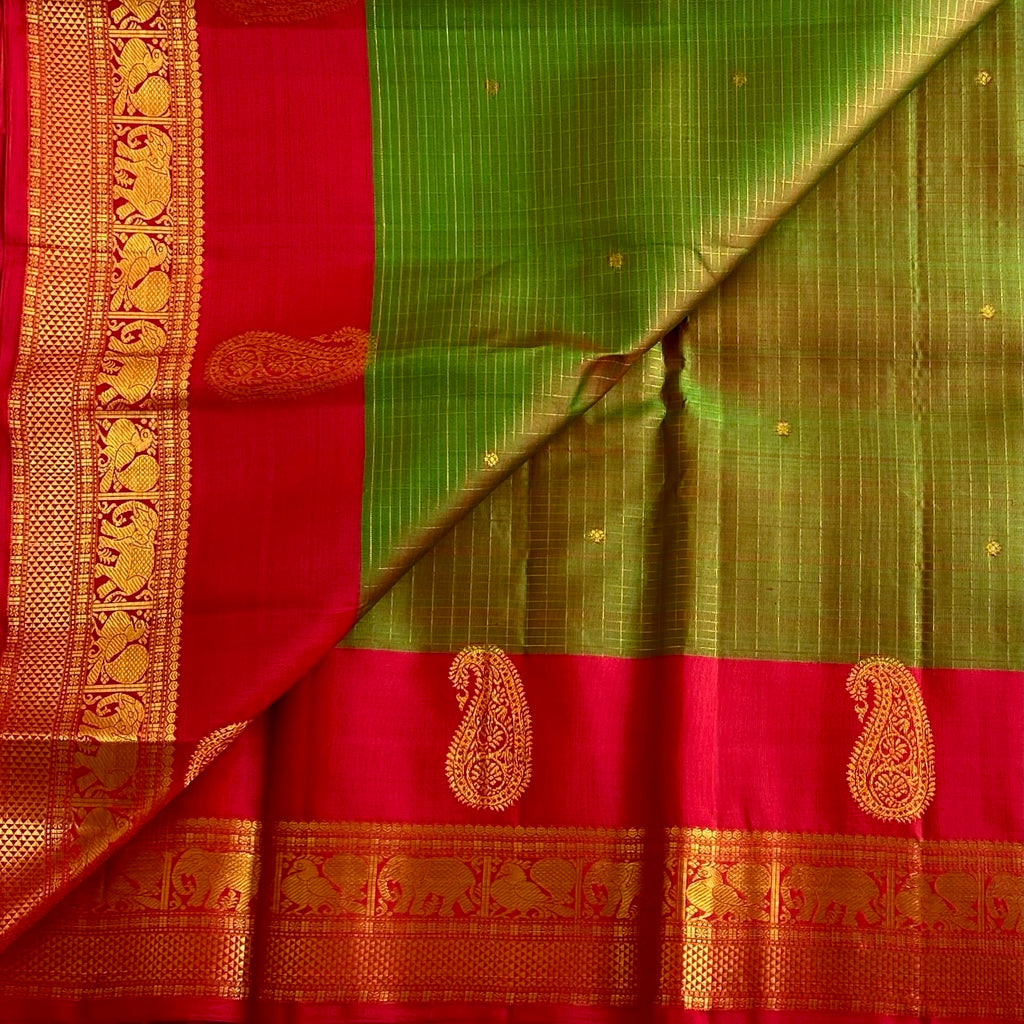 Rare Olive Green ₹ Vermilion Red Kanjeevaram Pure Zari Silk With Intricate Zari Woven Pallu