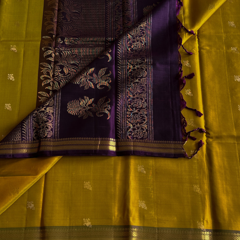 Marigold Yellow Silk Saree with Royal Purple Zari Pallu Elegance