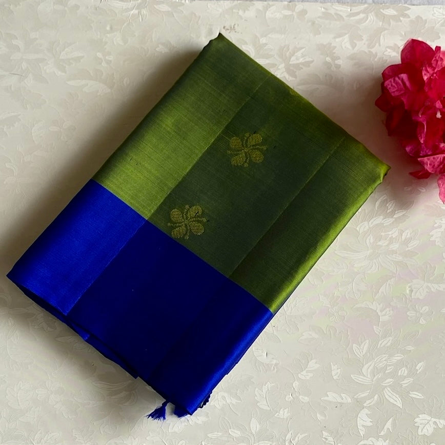 Olive Green Designer Pure Silk Saree With Royal Blue Pallu