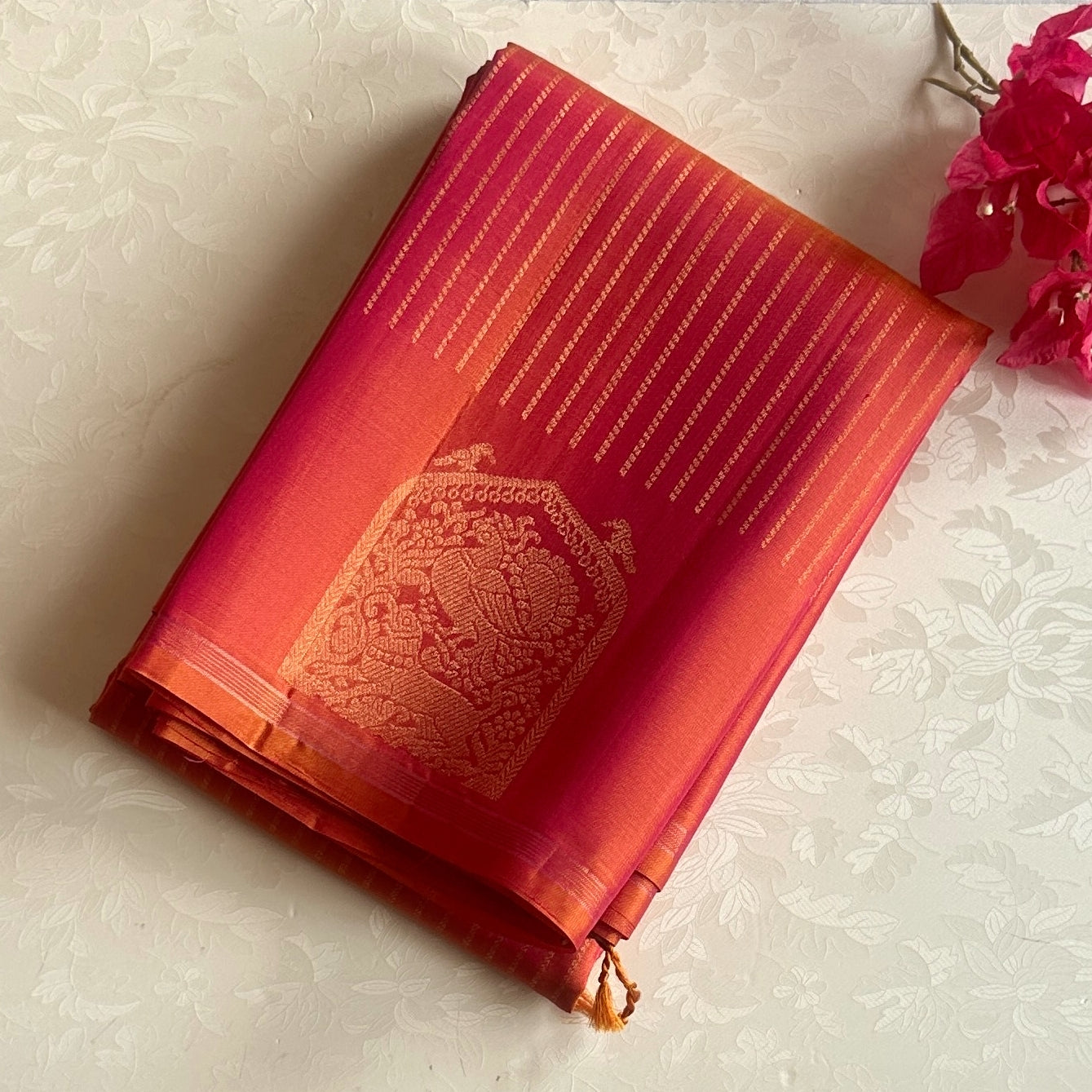 Coral Orange Silk Saree with Magenta Gold Zari Border Pallu