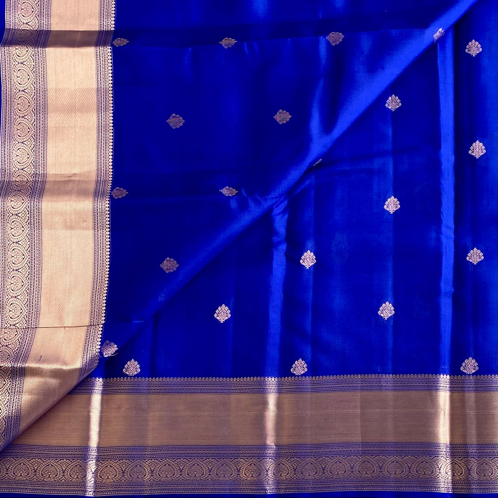 Cobalt Blue Designer Pure Silk Saree With Copper Gold Border