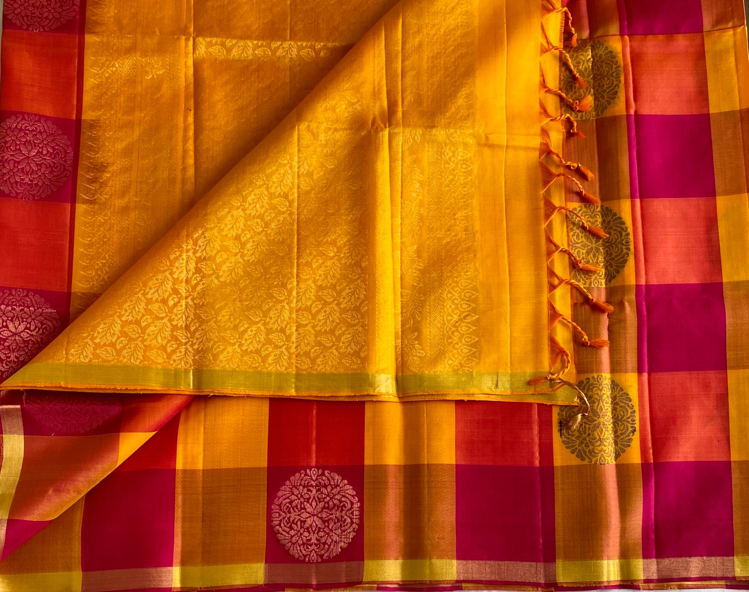Shades of Red & Yellow Checkered Designer Pure Silk