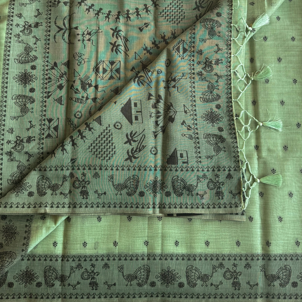 Mint Green Village Motif Saree With Peacock Border And Tassels