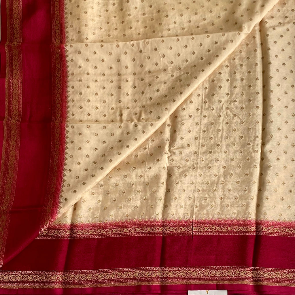 Cream Beige Banarasi Crepe Silk Saree With Wine Maroon Pallu