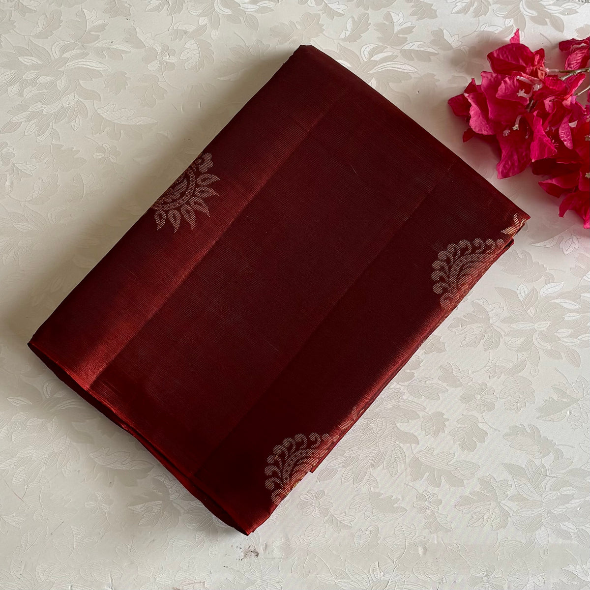 Deep Rust Maroon Designer Pure Silk Saree With Mint Green Pallu
