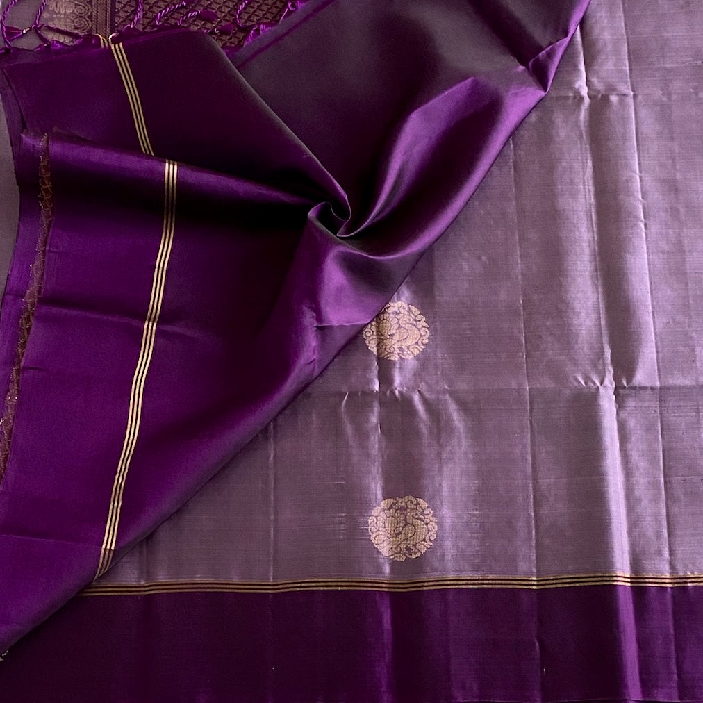 Metallic  Lavender Designer Pure Silk With Cadbury Purple And Gold Zari