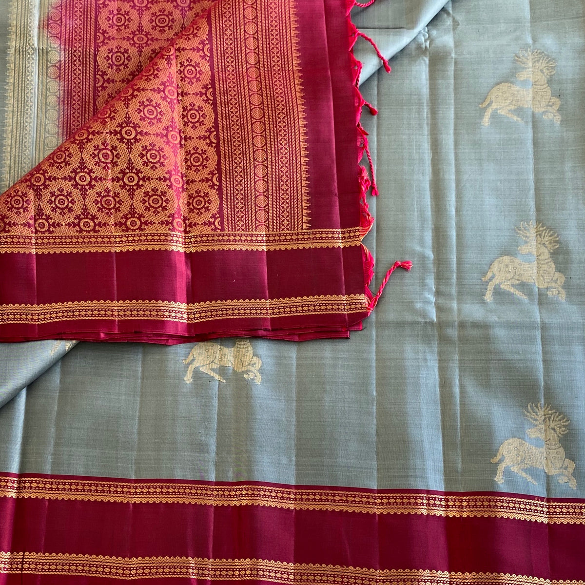 Slate Gray Designer Pure Silk Saree With Deep Magenta Pallu