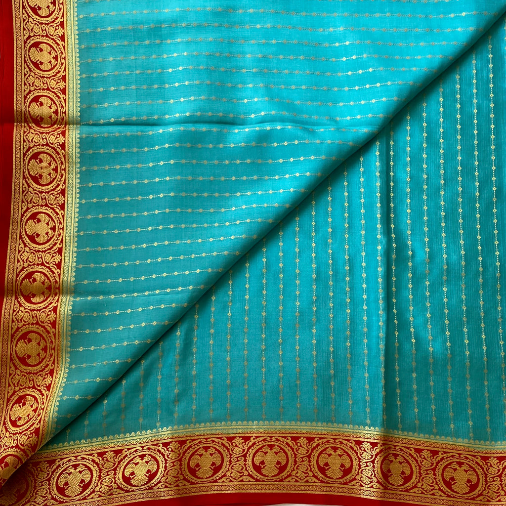 Teal Silk Saree Gold Zari Red Border Festive Traditional Wear