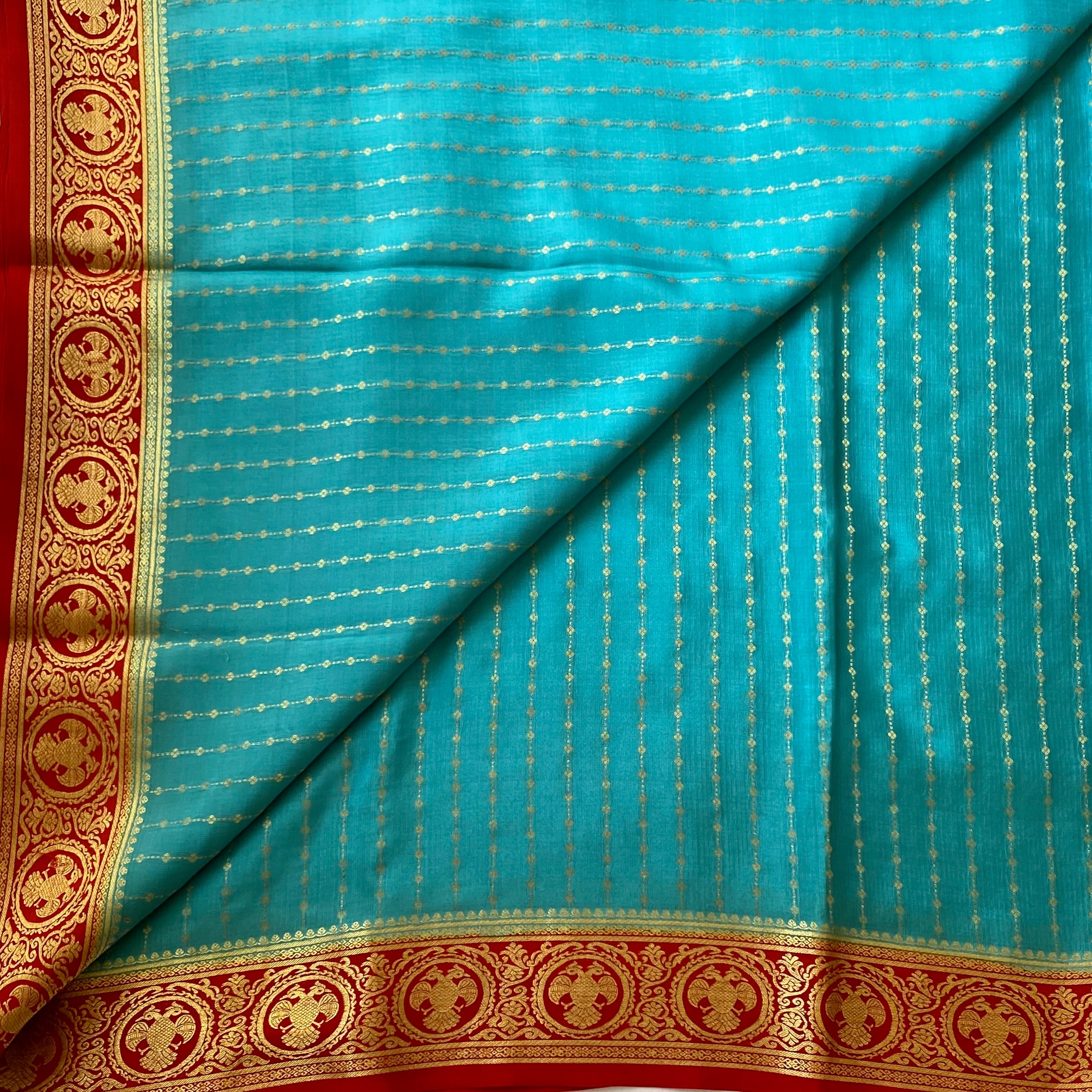 Teal Silk Saree Gold Zari Red Border Festive Traditional Wear