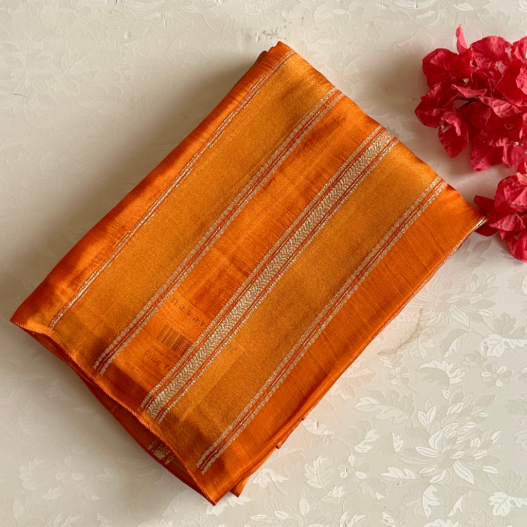 Saffron Orange Zari Striped Saree With Gold Floral Motifs