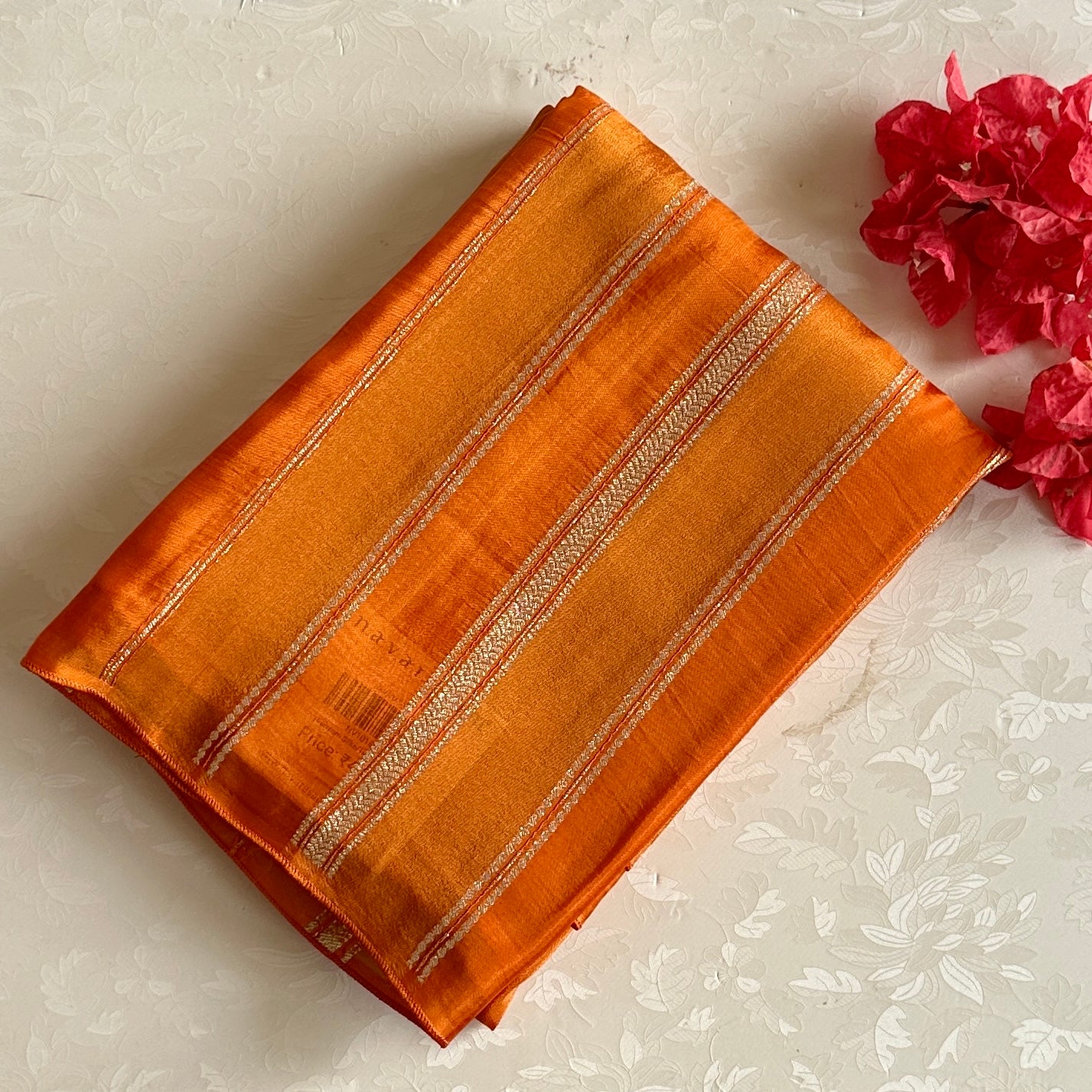 Saffron Orange Zari Striped Saree With Gold Floral Motifs
