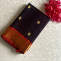 Deep Plum Brown Kanjeevaram Pure Zari Silk With Vermilion Red Border