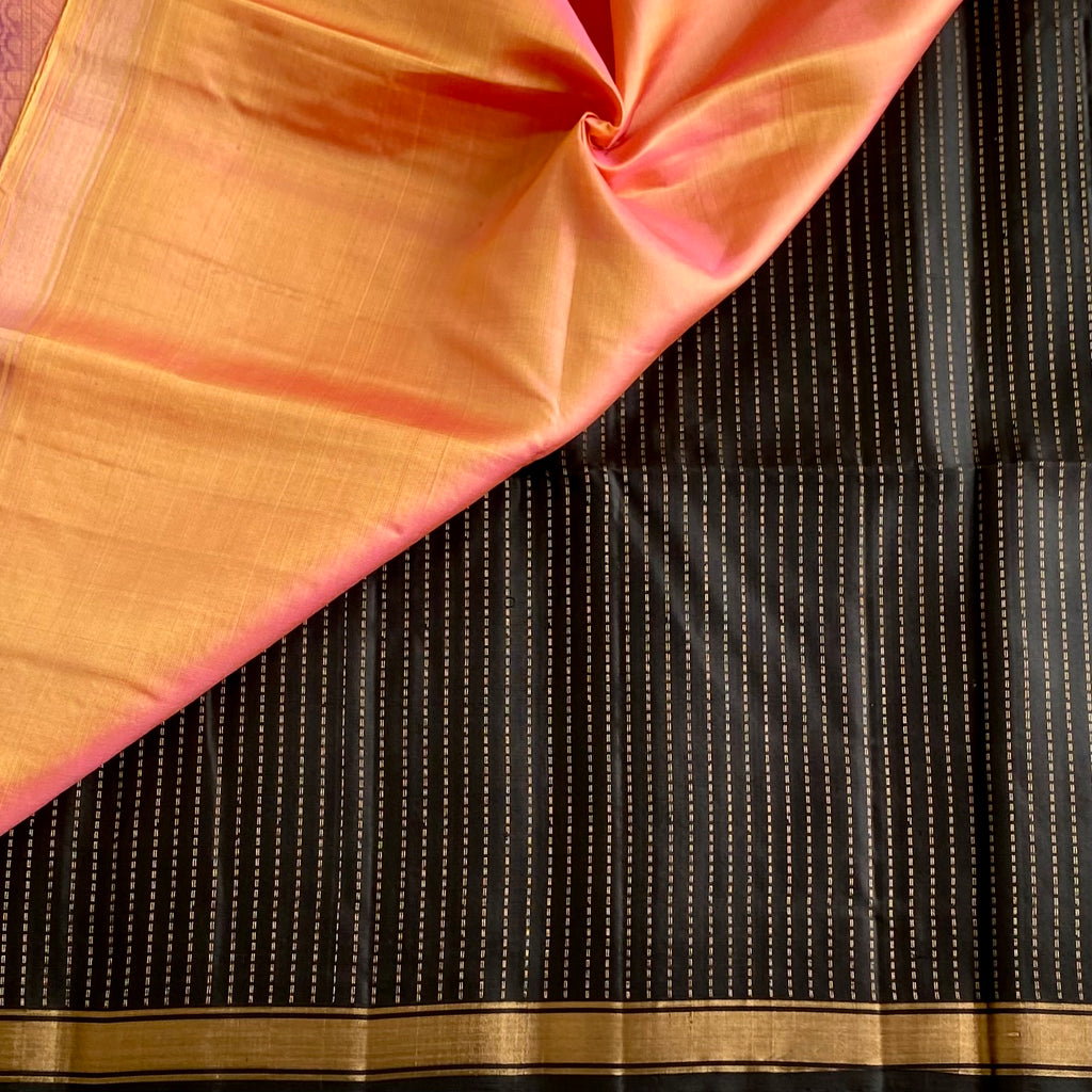 Jet Black Designer Pure Silk Saree With Peach Pink Pallu