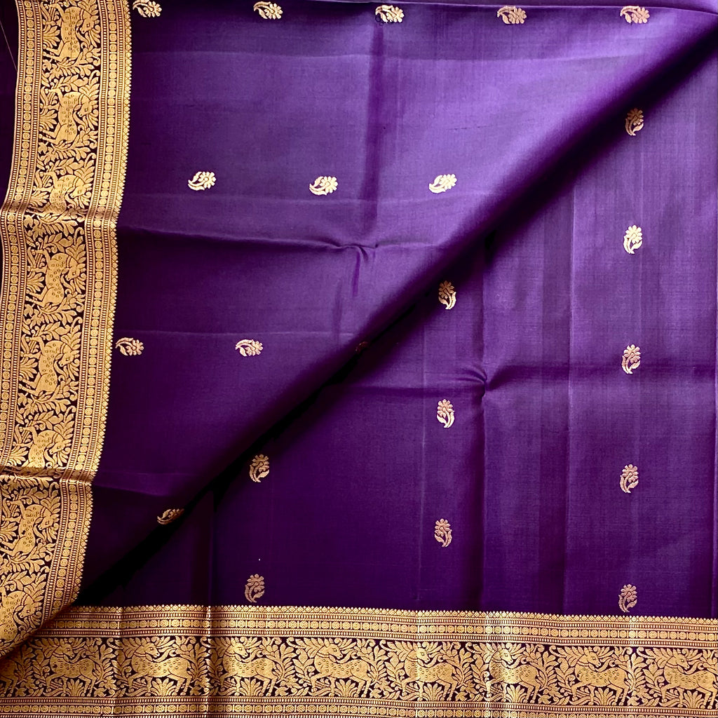 Royal Purple Saree Gold Woven Border Elephant Floral Pallu Silky