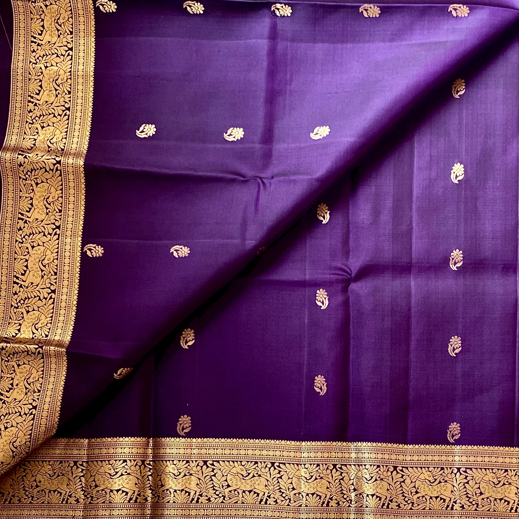 Royal Purple Saree Gold Woven Border Elephant Floral Pallu Silky
