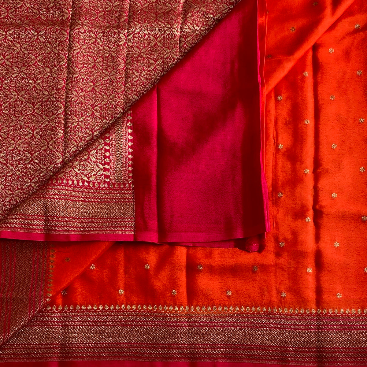 Tangerine Orange & Rani Pink Banarasi Crepe Silk Saree With Border