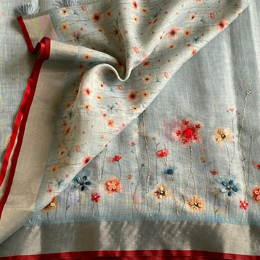 Dreamy Aqua Soft Linen Saree With Coral Pink Embroidery