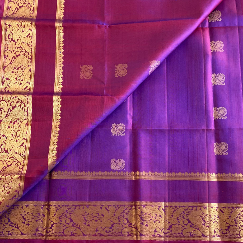 Dual Shaded Magenta Purple Designer Pure Silk Saree With Metallic Gold Brocade