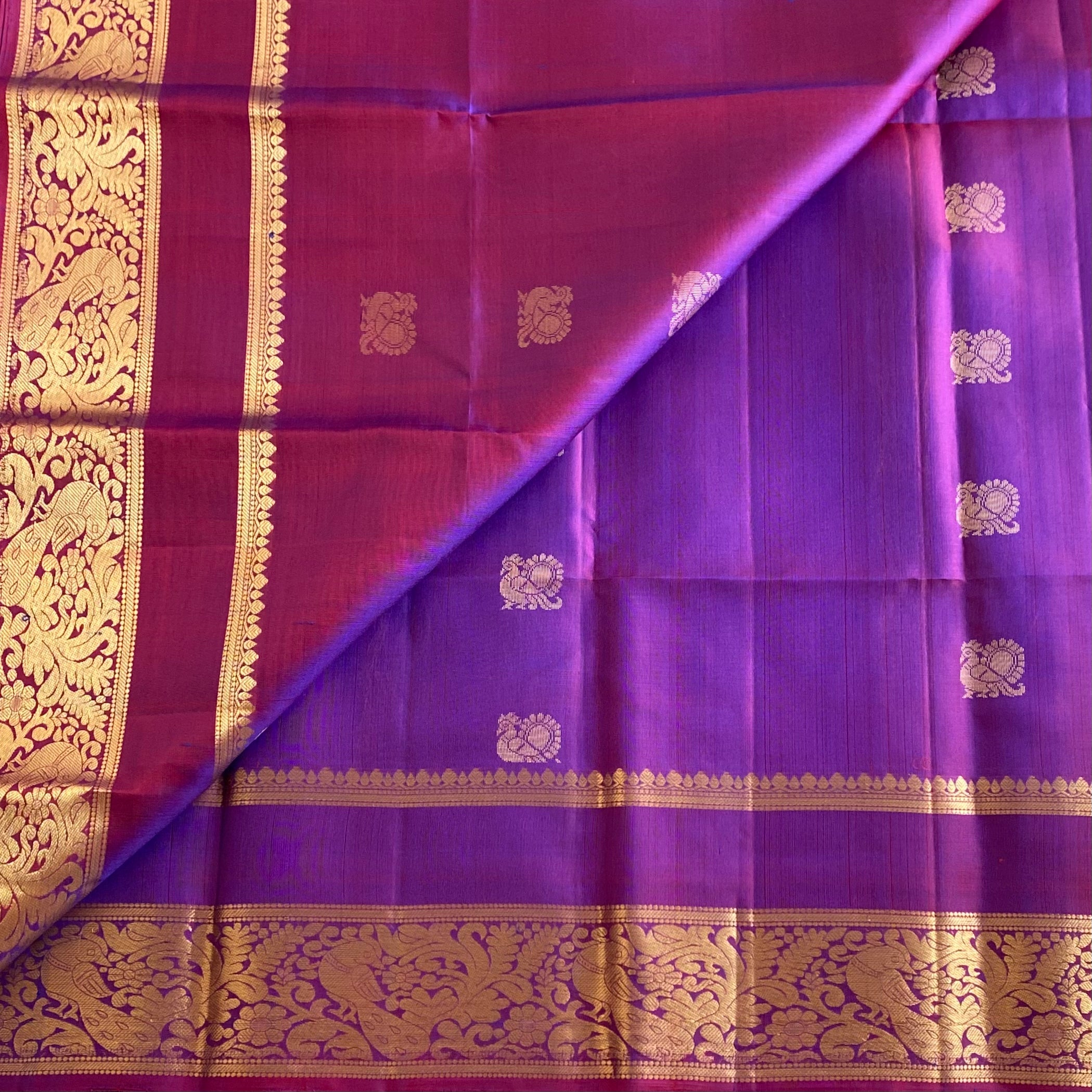 Dual Shaded Magenta Purple Designer Pure Silk Saree With Metallic Gold Brocade