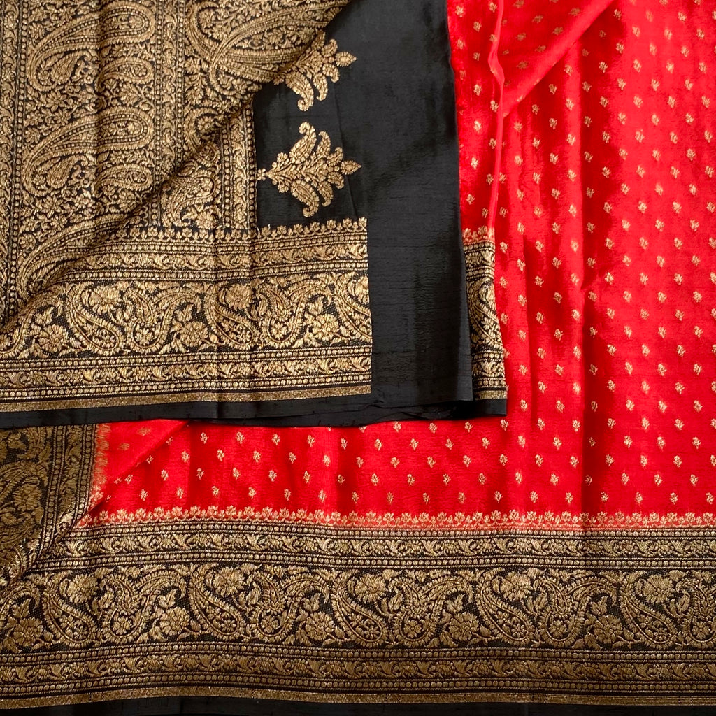 Crimson Red & Jet Black Banarasi Crepe Silk Saree With Antique Zari Buttas