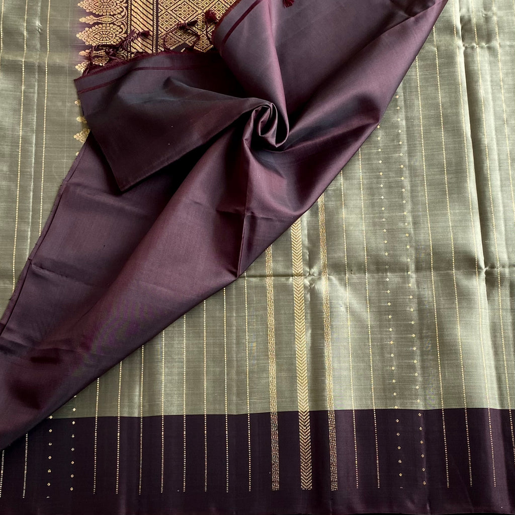 Sage Green Designer Pure Silk Saree With Chocolate Brown Pallu
