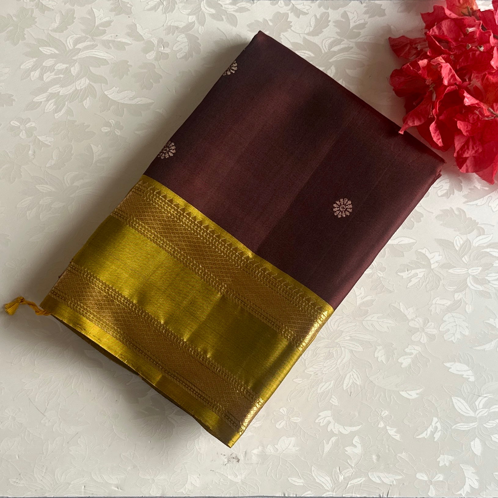 Chocolate Wine Designer Pure Silk Saree With Olive Green Contrast