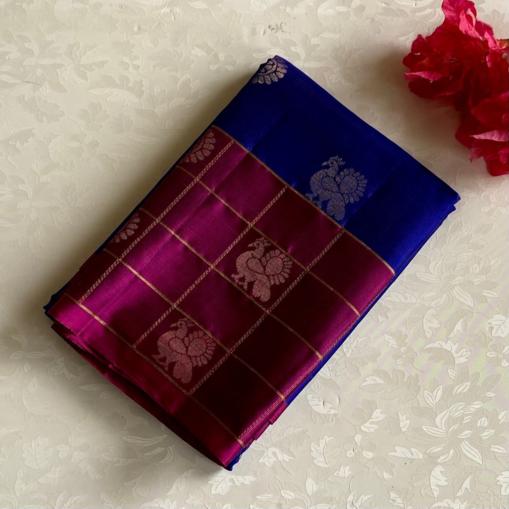 Royal Blue Designer Pure Silk Saree With Jewel Magenta Checkered Borders