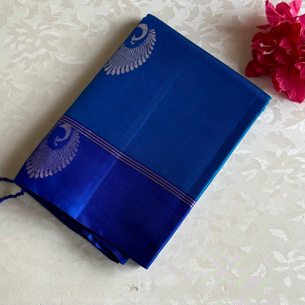 Deep Sky Designer Pure Silk With Royal Pallu & Peacock Buttas