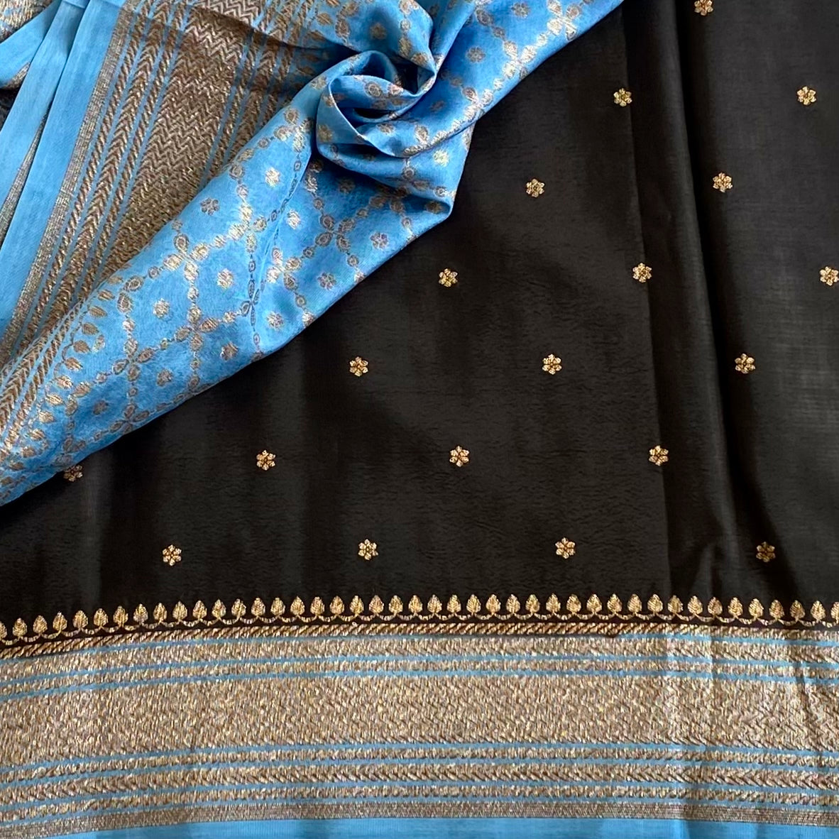 Jet Black Banarasi Crepe Silk Saree With Turquoise Blue Border