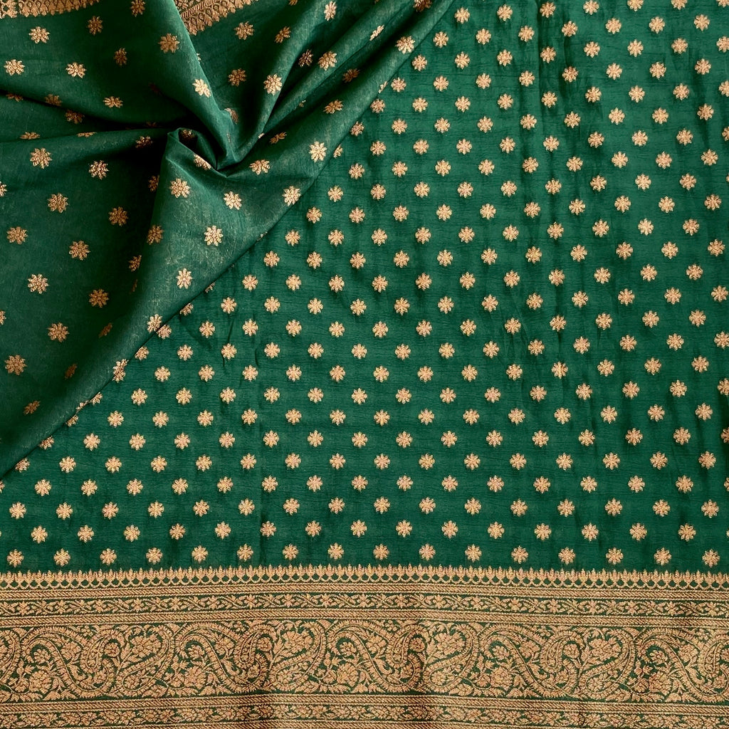 Emerald Green Soft Tussar Silk Saree With Antique Gold Brocade