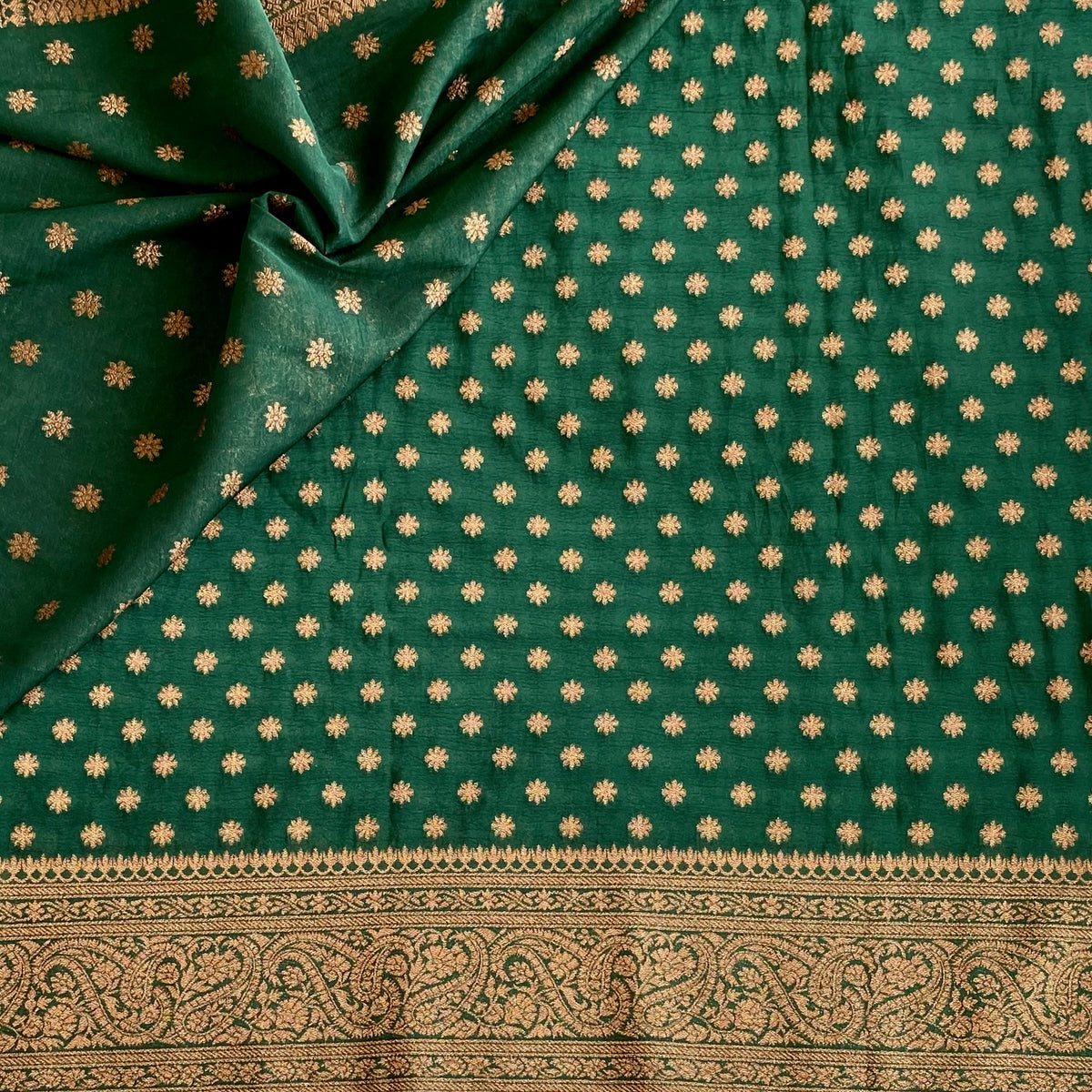 Emerald Green Soft Tussar Silk Saree With Antique Gold Brocade