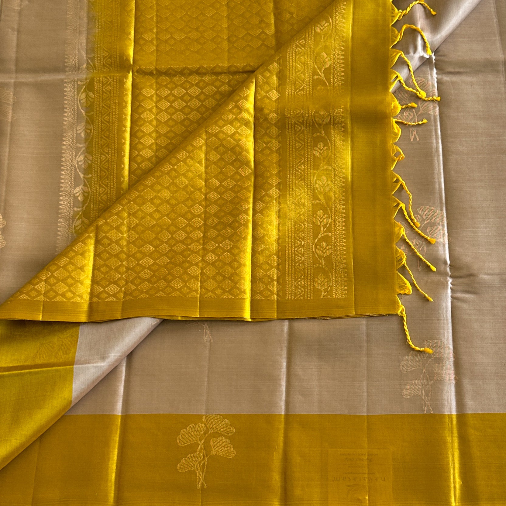 Metallic Greyish Beige with Mango Yellow Designer Pure Silk with Floral Zari Weave