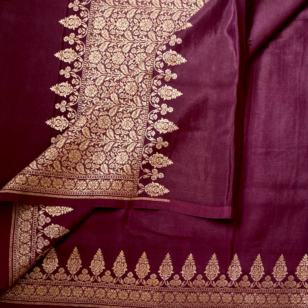 Plum Purple Saree with Rose Gold Brocade Floral Border Pallu