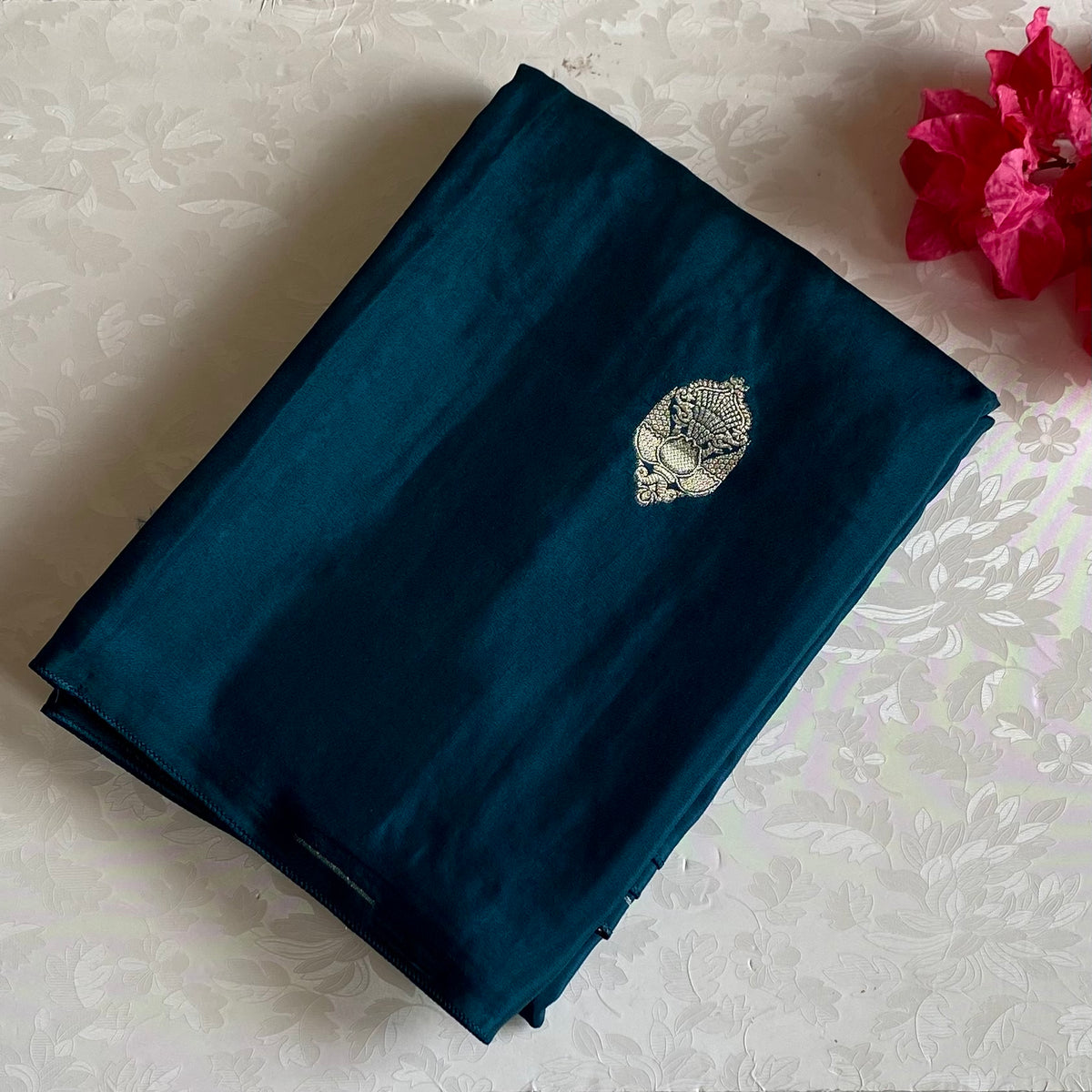 Teal Blue Soft Crepe Silk Saree With Antique Brocade Pallu