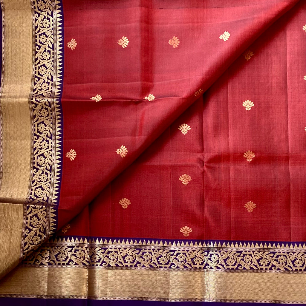 Deep Maroon Silk Saree with Royal Purple Pallu and Gold Border
