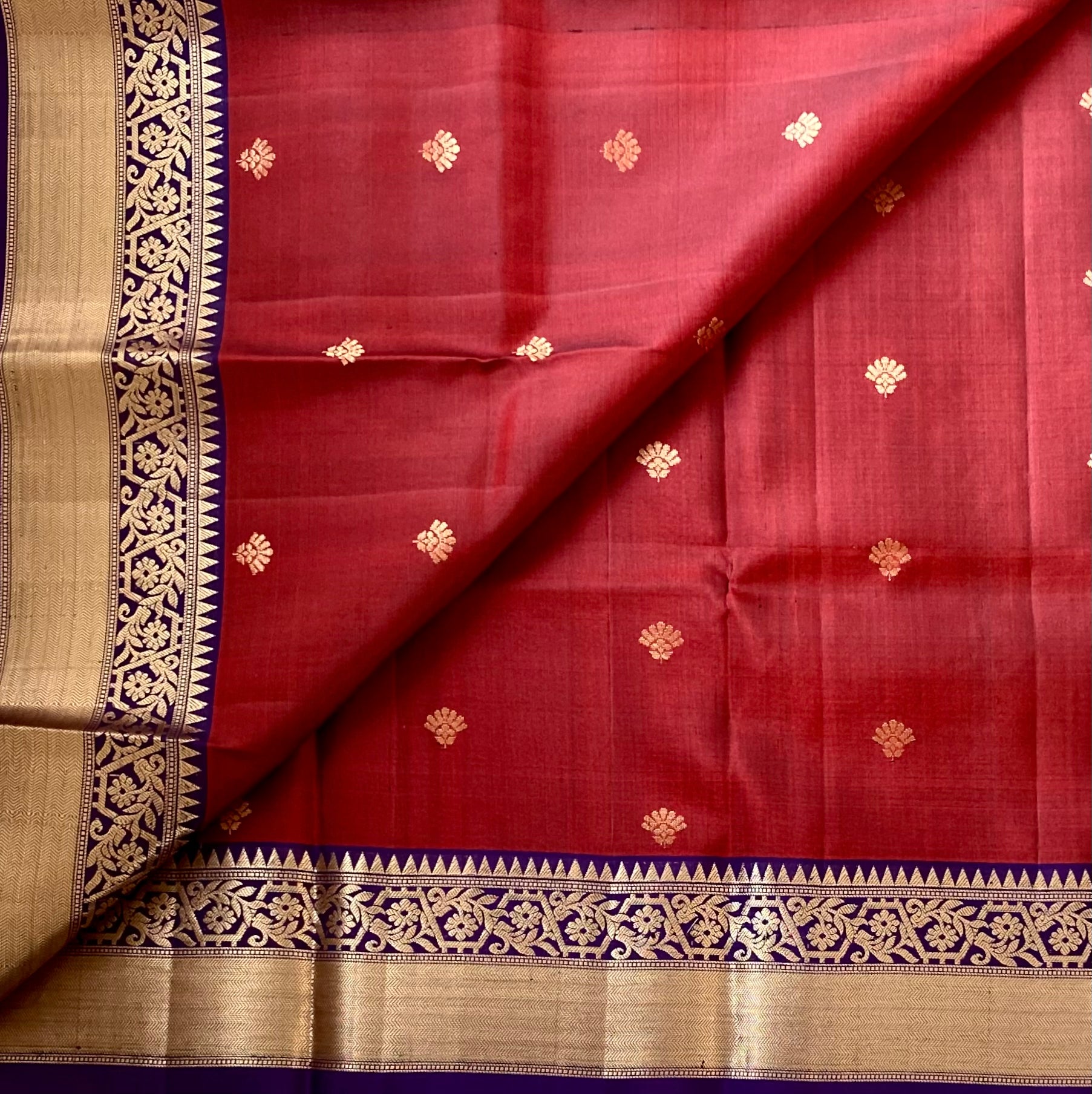 Deep Maroon Silk Saree with Royal Purple Pallu and Gold Border