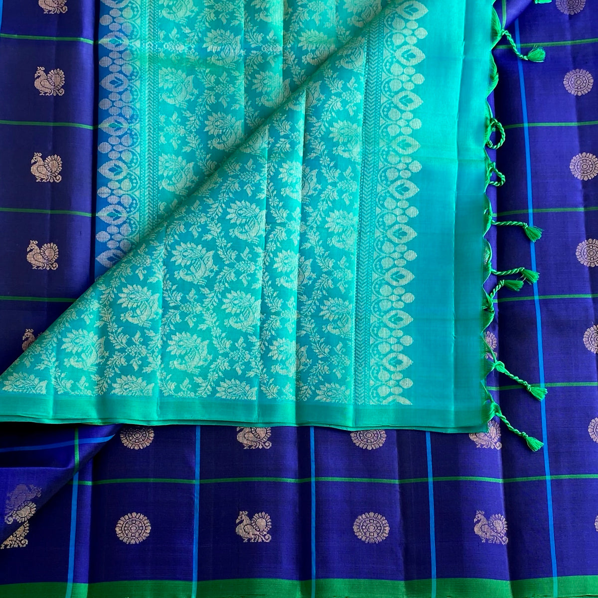 Royal Blue Checkered Designer Pure Silk Saree With Turquoise Pallu