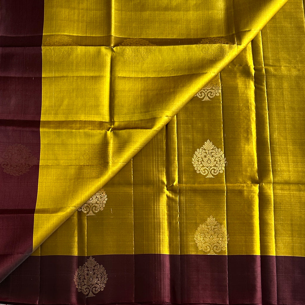 Chartreuse Violet Saree Antique Gold Buta Diamond Lattice Paisley Border