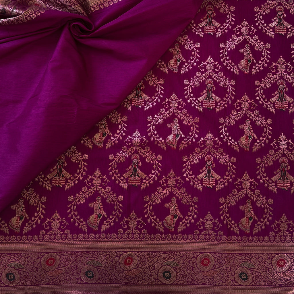 Magenta Gold Brocade Saree with Elephant Dancer Motifs and Tassels